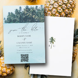 Tropiskt Watercolor Handflatan & Beach Wedding QR- Spara Datumet