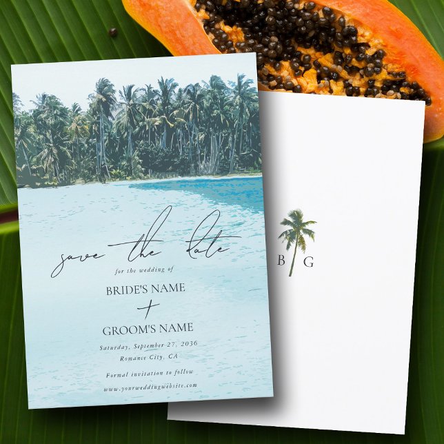 Tropiskt Watercolor Handflatan & Beach Wedding Spara Datumet (Tropical Watercolor Palms & Beach Wedding Save The Date)