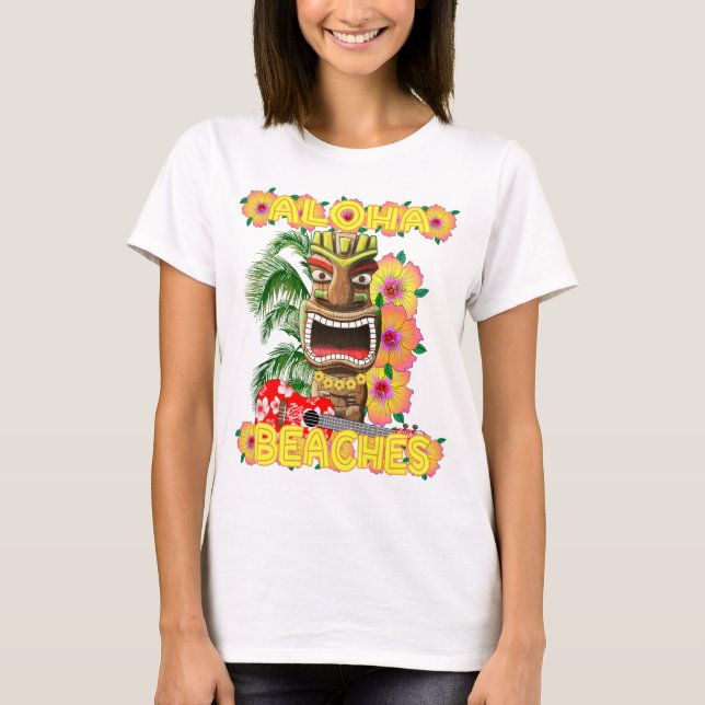 Tropiskt ynligt Aloha-stränder Hawaiian Tiki T Shirt (Framsida)