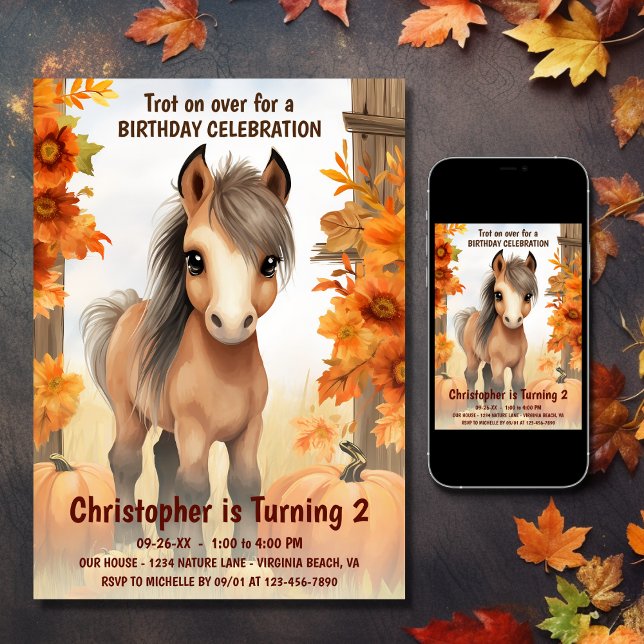 Tros över hösthöstens höstfödelsedag inbjudningar (Printed and Digital - Trot on Over Cute Autumn Horse Fall Birthday Invitation)