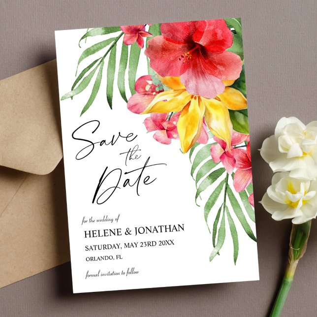 Tröskelvärdesbröllop för tropisk Blommigt Spara Datumet (Tropical Floral Destination Wedding Save The Date)
