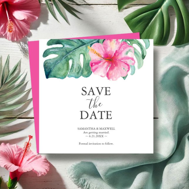 Tröskelvärdesbröllop Spara datumkort Spara Datumet (Destination wedding save the date invitations watercolor pink hibiscus flower and palm leaf)