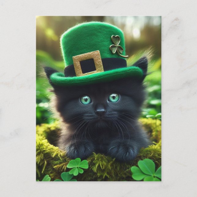 Trött Lucky Black St. Patrick's Day Kitten Vykort (Framsida)