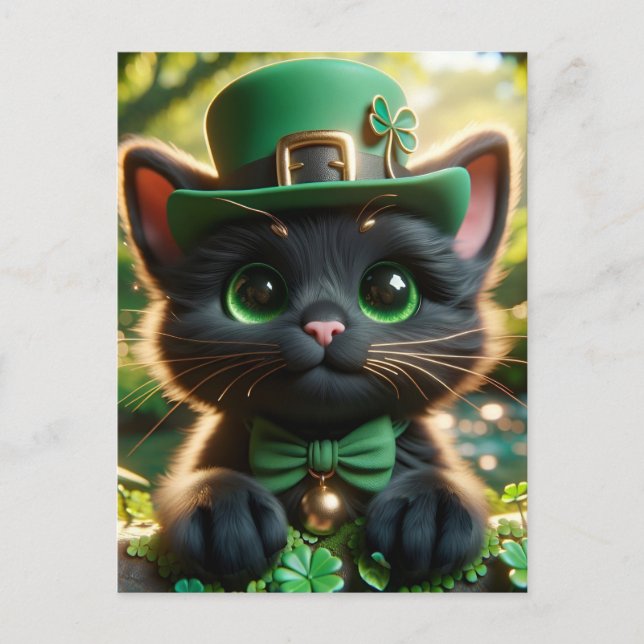 Trött Lucky Cute Black St. Patrick's Day Kitten Vykort (Framsida)