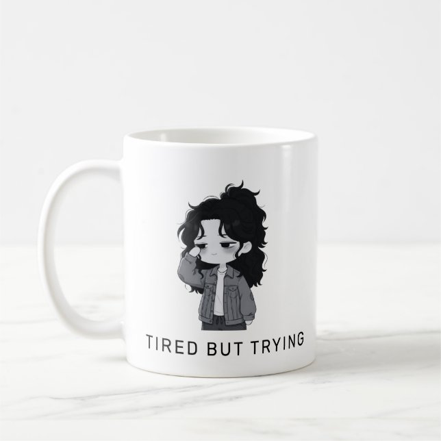 Trött Men Försöker Relaterbar Chibi-Flicka Kaffemugg (Vänster)