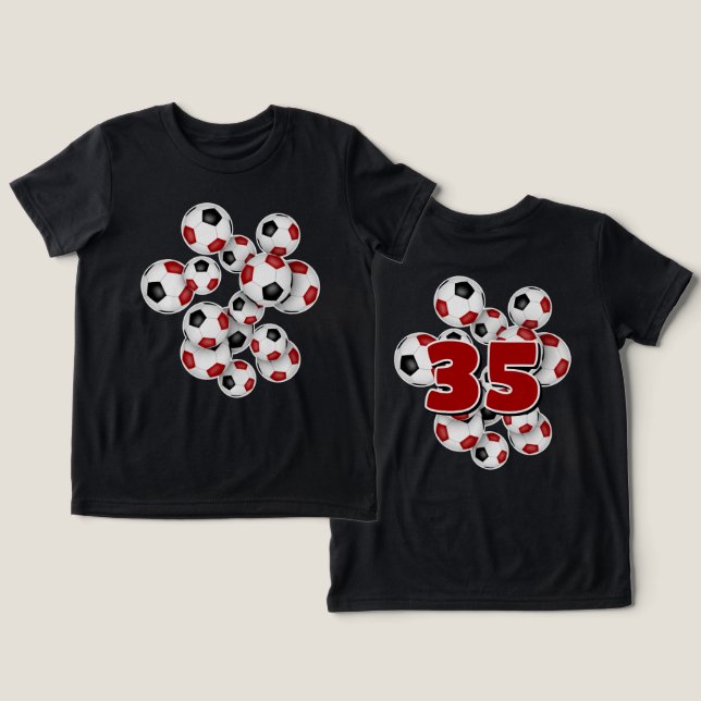 Trött nummer på gruppen med fotbollar rött t shirt (Design fram och bak)
