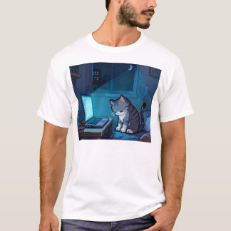 Trött Pixel Katt vid Bärbar Dator på Natten – Leds T Shirt