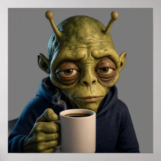 Trött rymdvarelse morgon kaffe Sci-Fi konstaffisch Poster