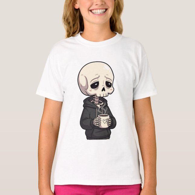 Trött Skelett Hoodie Kaffe Barn T Shirt (Framsida)
