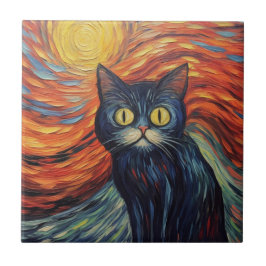 Trött svart kattavbildning av Edvard Munch inspire Kakelplatta