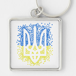 Trött tryzub-spridningshem i ukrainska emblem fyrkantig silverfärgad nyckelring