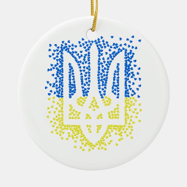 Trött tryzub-spridningshem i ukrainska emblem julgransprydnad keramik (Framsidan)
