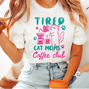 Trötta Kattmammor Grön Rosa Coffee Club Retro Tjej T Shirt