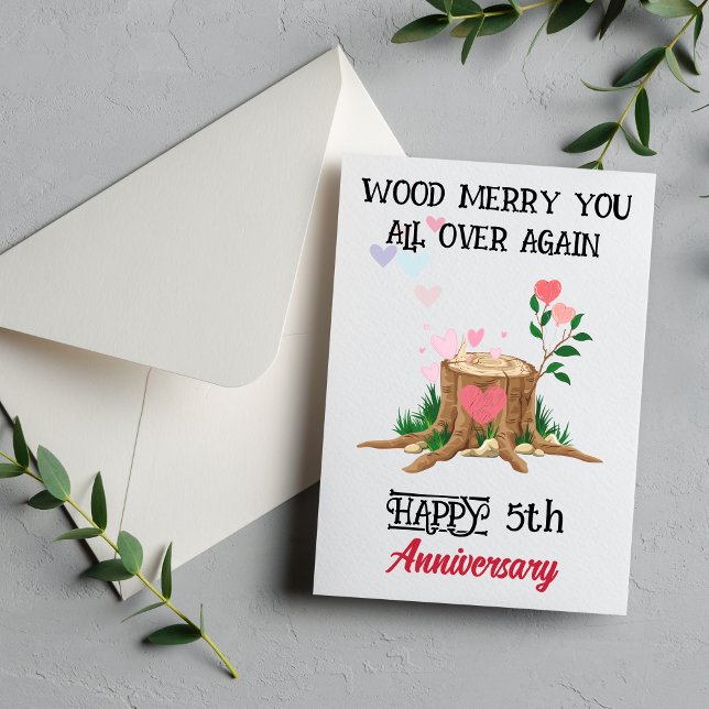 Tröttårskort från frun, 5:e Bröllop Inbjudningar (Funny Wood 5th Anniversary Card | 5 Year Love & Laughter Gift)