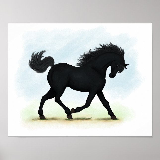 Trotting Black Horse eller Pony Equestrian Poster (Framsidan)