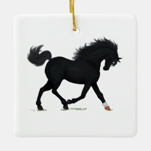 Trotting Black Horse with Star Pony Cob Equestrian Julgransprydnad Keramik