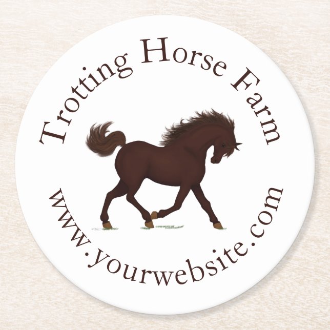 Trotting Brown Horse Circular Text Equestrian Underlägg Papper Rund (Framsidan)