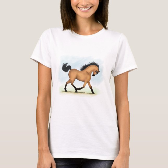 Trotting Buckskin Horse Equestrian T Shirt (Framsida)