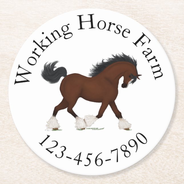 Trotting Clydesdale Horse Circular Text Anpassning Underlägg Papper Rund (Framsidan)