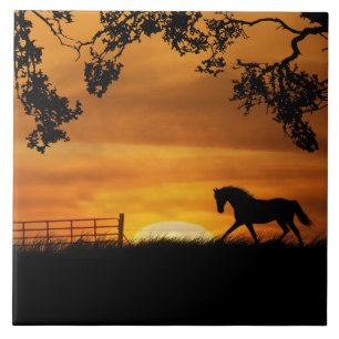 Trotting Horse and Sunrise Art Tile Kakelplatta