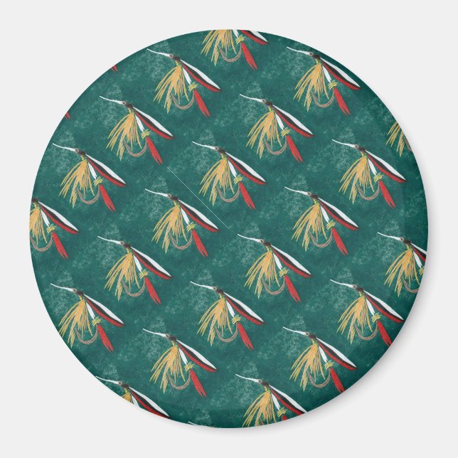 "Trout Fin" Trout Fly tiled blöt fly på grönt Magnet (Framsidan)