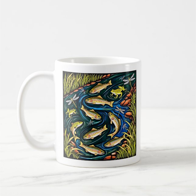 Trout Stream Harmony - Folk Art Fish, Frogs & Drag Kaffemugg (Vänster)