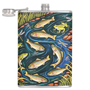Trout Stream Harmony - Folk Art Fish, Frogs Fickplunta