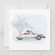 Trouwkaart bruidspaar in Citroen DS cabriolet