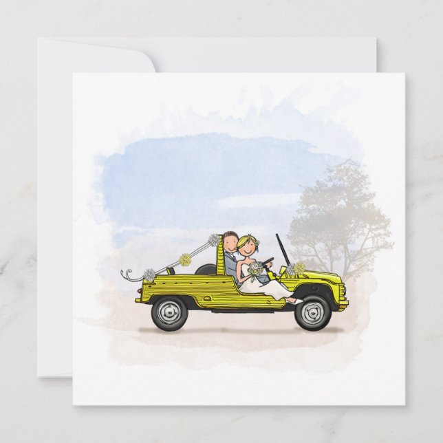 Trouwkaart bruidspaar in vintage Citroen Mehari (Framsida)