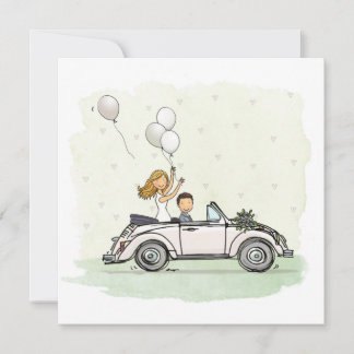 Trouwkaart bruidspaar in vintage Kever cabrio