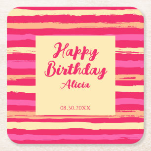 Trstressad Rand Rosa Peach Colorful Birthday Underlägg Papper Kvadrat