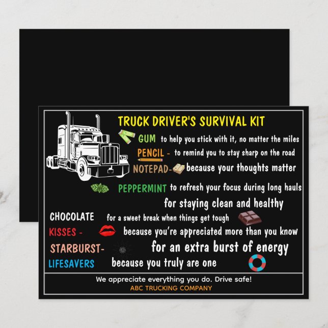 Truck Driver’s Survival Kit Funny & Thoughtful  Tack Kort (Fram/baksida)