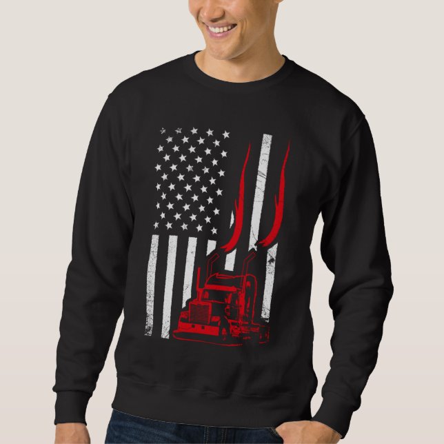 Trucker American Flagga Image Lastbil Driver Pappa Lång Ärmad Tröja (Framsida)