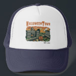 Trucker Hat Keps<br><div class="desc">Step into Halloweentown! A spooky vintage-style Halloween village with a giant jack-o'-lantern and haunted vibes.</div>