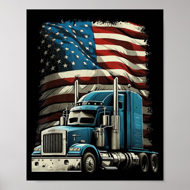 Trucker US American Flagga For Patriotic Lastbil D Poster (Framsidan)