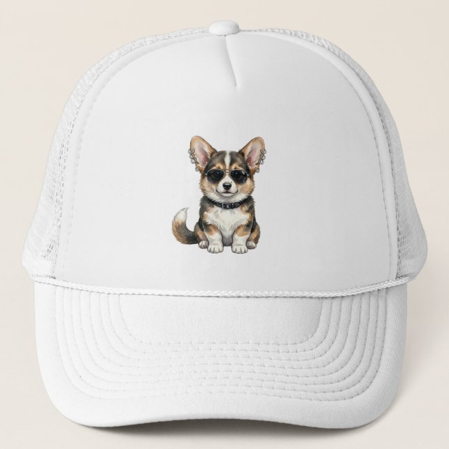 Truckerhatt Punk Corgi i solglasögon Edgy Hund Kon Keps (Framsida)