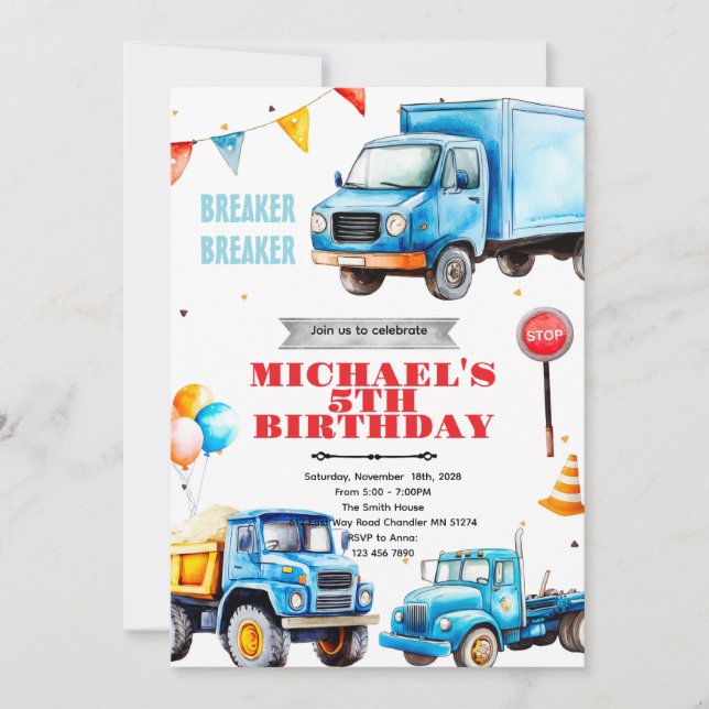 Trucks birthday party theme invitation inbjudningar (Framsida)