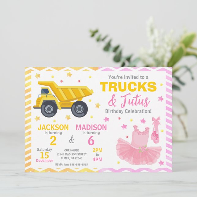 Trucks & Tutus Joint Birthday Invitation Inbjudningar (Stående Fram)