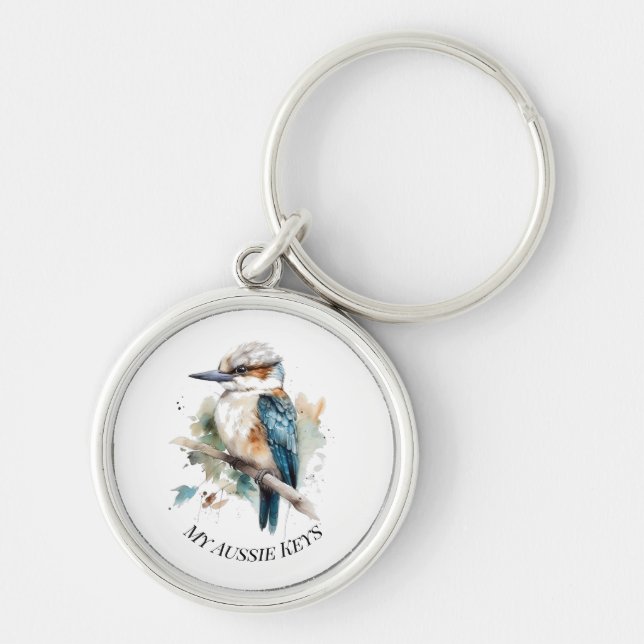True Blue Kookaburra, anpassningsbar Rund Silverfärgad Nyckelring (Framsidan)