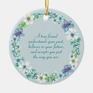 True Friend Quote Blue White Lila Blommigt Julgransprydnad Keramik