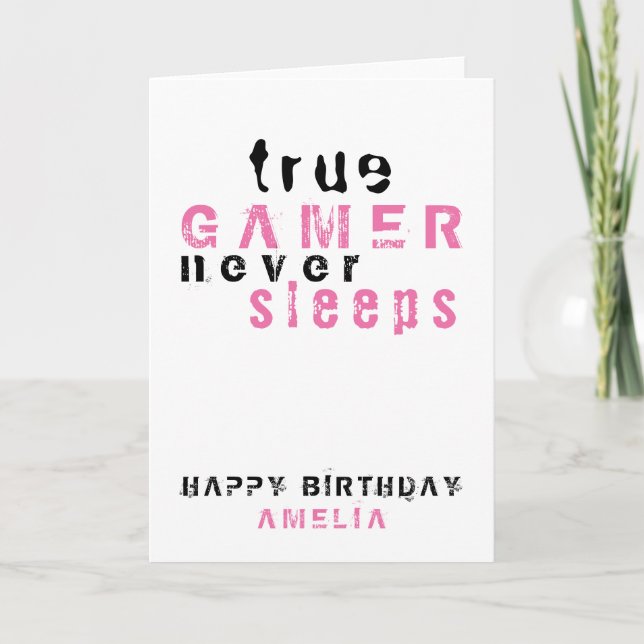 True Gamer Rosa Typografi Gamer Tjej Födelsedag  Kort (Framsida)