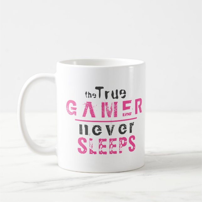 True Gamer spelar aldrig ut Rosa Girl Girl Gamer Kaffemugg (Vänster)