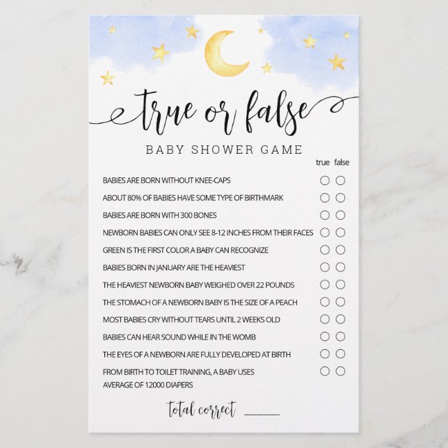 True Or False Game Stjärnor och Måne Baby Shower (Framsida)