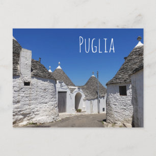 Trulli-hus i Alberobello, vykort för Puglia-text