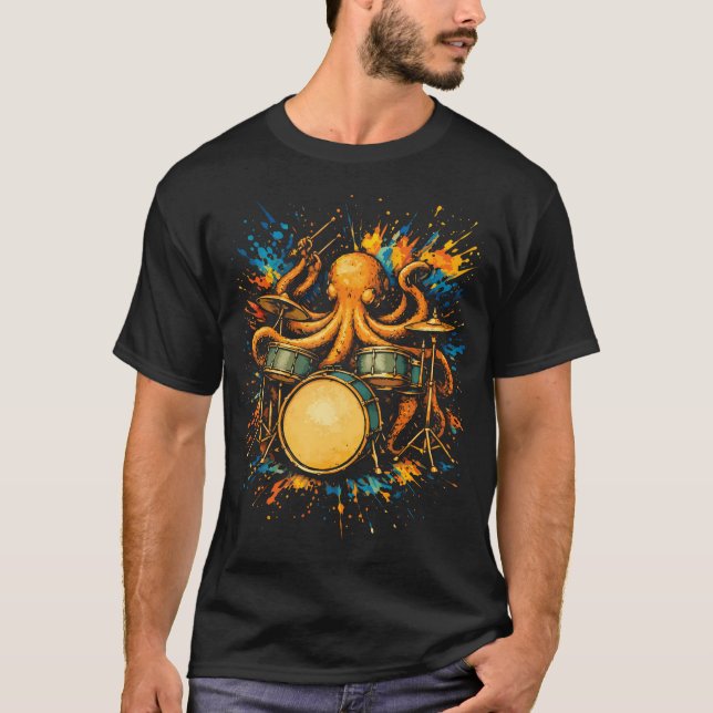Trummslukande bläckfisk som spelar trummor Rolig R T Shirt (Framsida)
