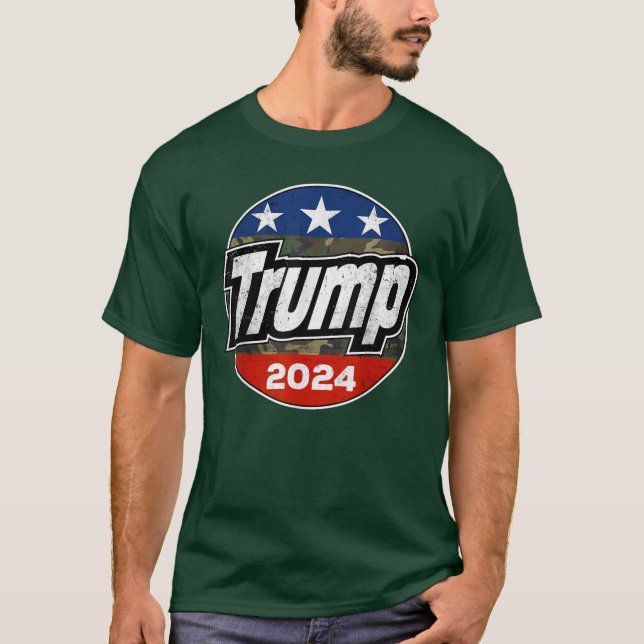 Trump 2024 för president Retro Camouflage Button T Shirt (Framsida)