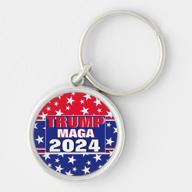 TRUMP 2024 MAGA RUND SILVERFÄRGAD NYCKELRING (Framsidan)