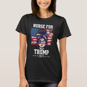 Trump 2024 Nurse Messy Bun America USA flagga for T Shirt