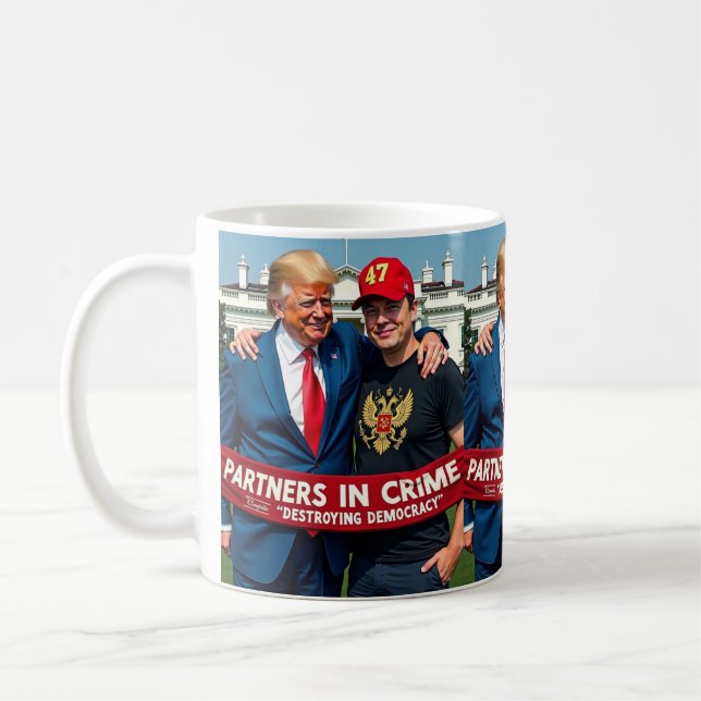 Trump Elon Partners in Crime AI Art Kaffemugg (Vänster)