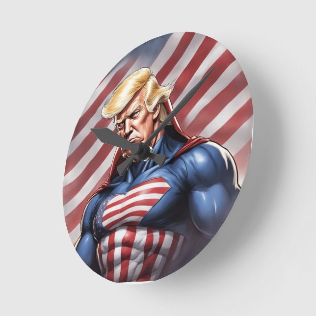 Trump Epic Superhjälte Wall Clock Rund Klocka (Vinkel)